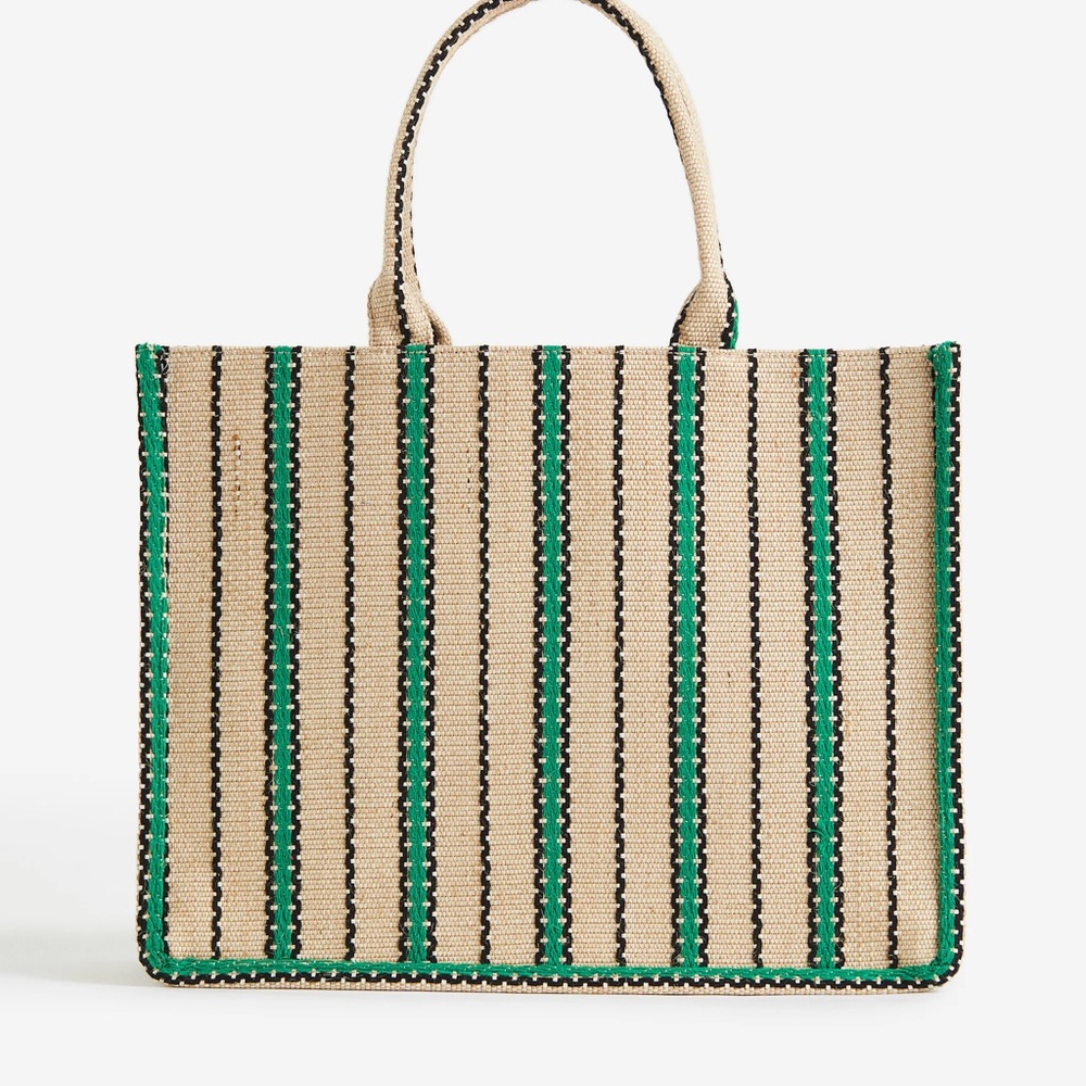 Beige and Green Striped Tote